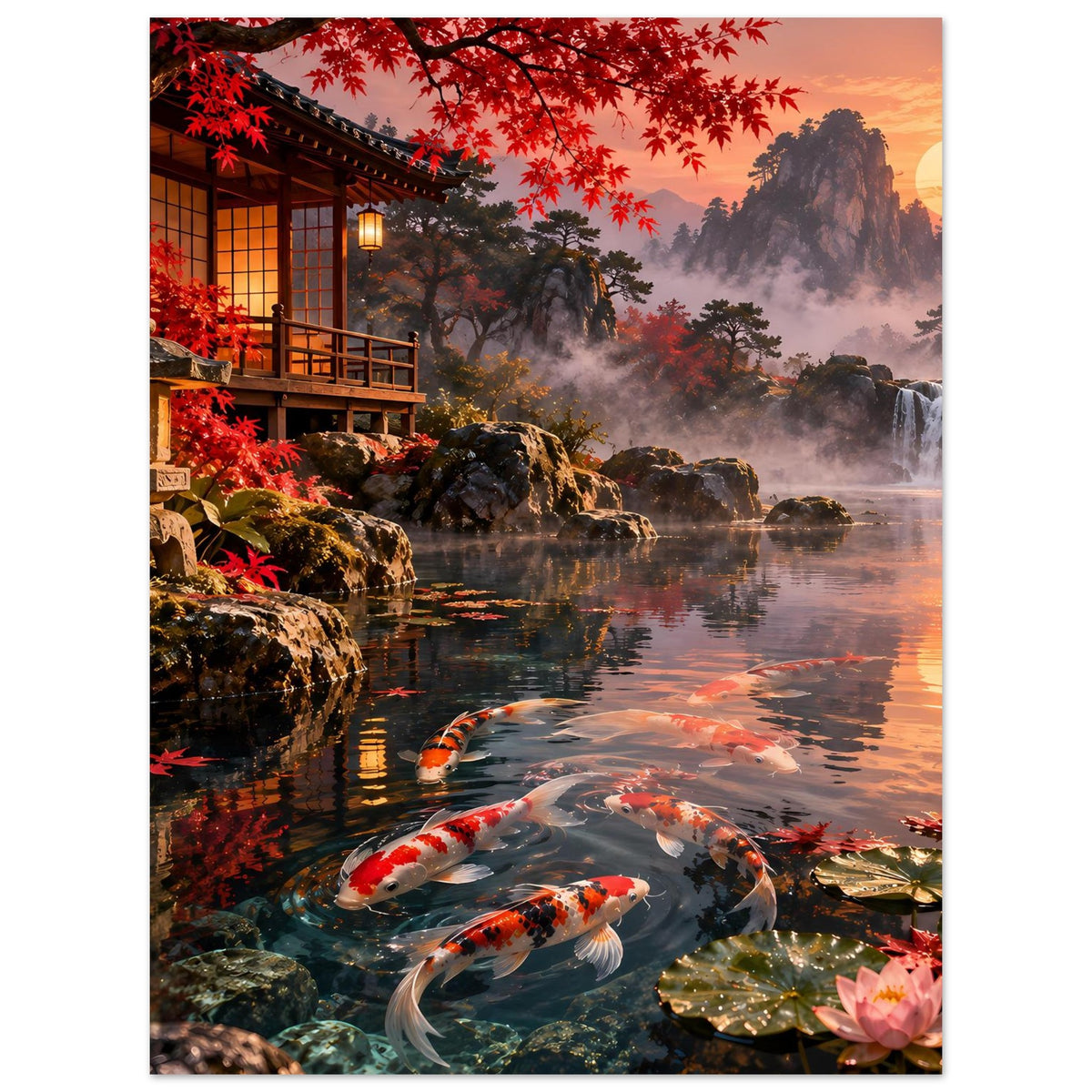 Poster mit Koi-Teichmotiv: Koi-Fische, Seerosenblätter und rote Blätter am Ufer