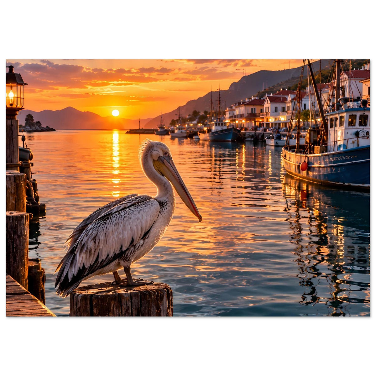 Premium Poster mit Pelikan auf Holzpfahl, Wasser mit Spiegelungen beim Sonnenuntergang