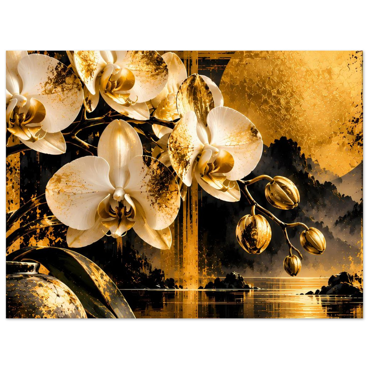 Poster mit Orchideen und goldenen Kreisen, Feuer-Gold-Optik und dunkler Landschaft