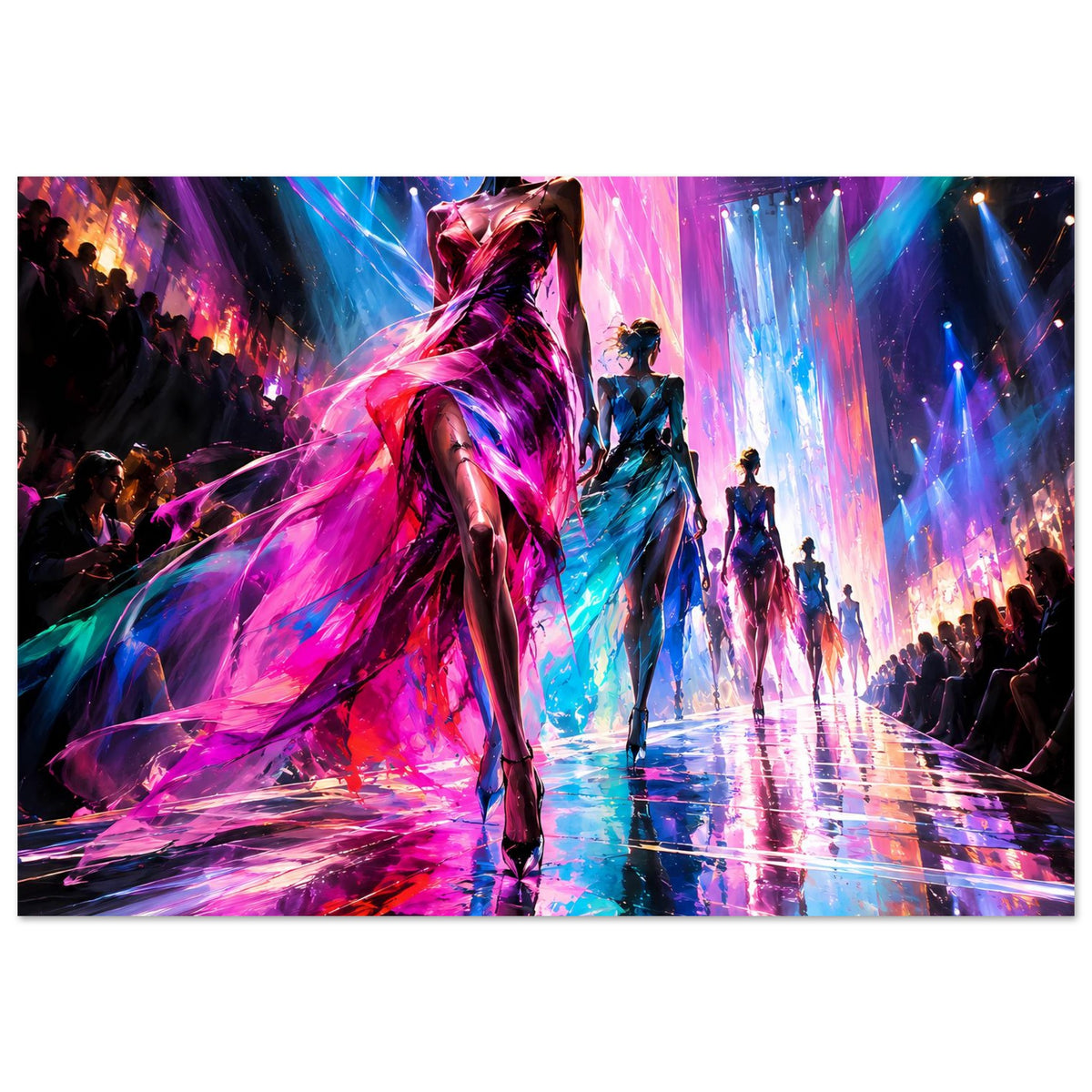Mode-Runway-Poster im Querformat: Model im Vordergrund, pink-blauer Lichtregen und Zuschauerreihen