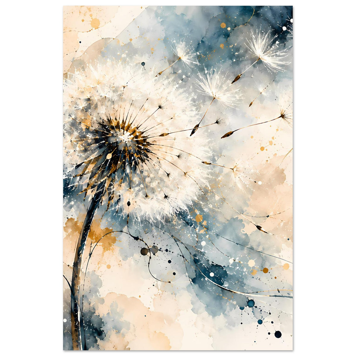 Kunstposter mit Pusteblumenmotiv in Blau, Gold und Creme, im Hochformat