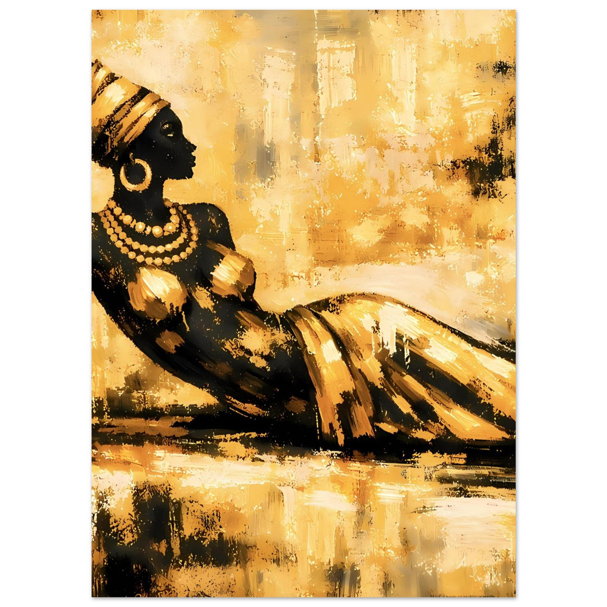 Kunstposter: schwarze Silhouette einer Frau mit Perlenkette, goldener Malgrund