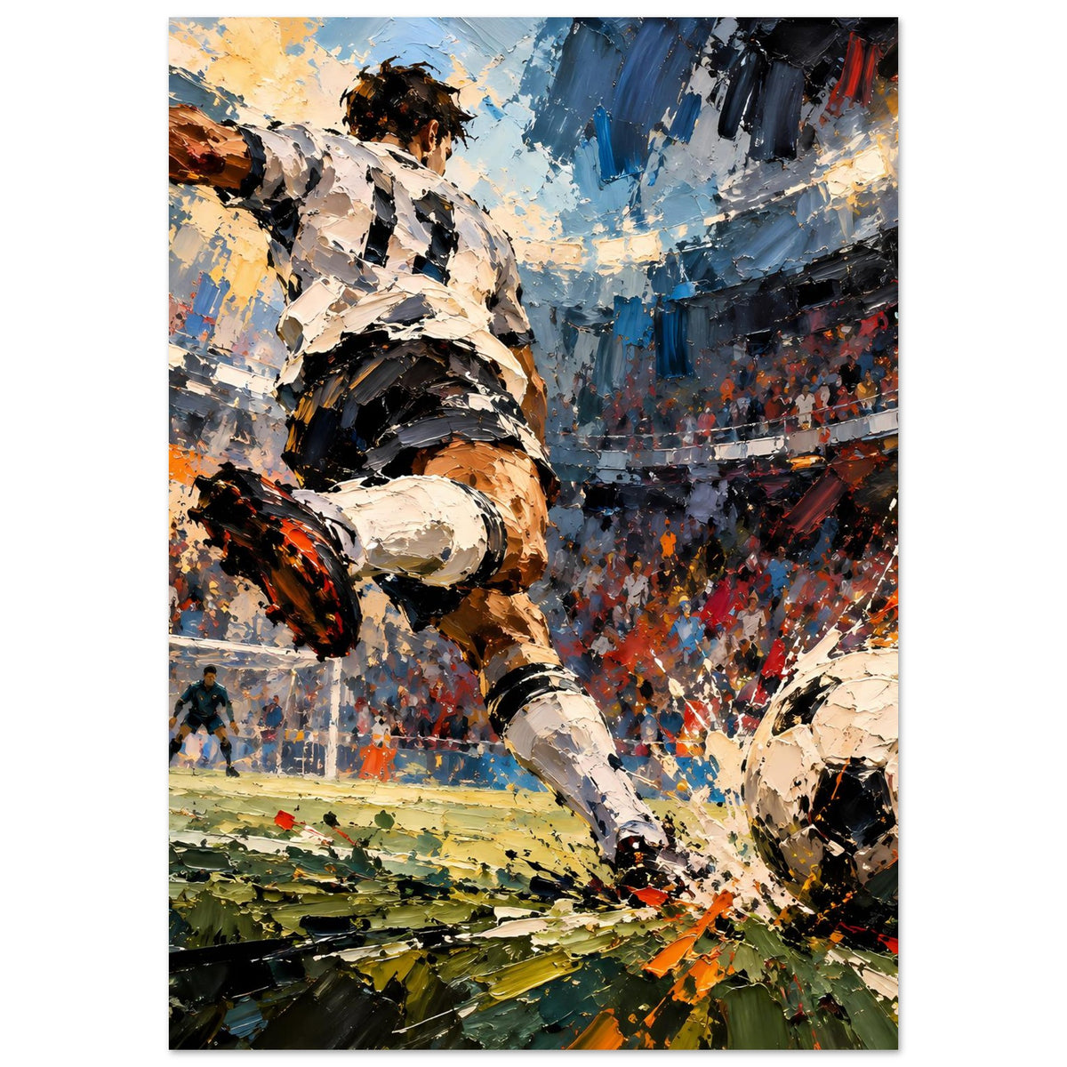 Fußball-Actionposter mit Kicker links und Ball rechts, dynamische Farbflächen im Stadion