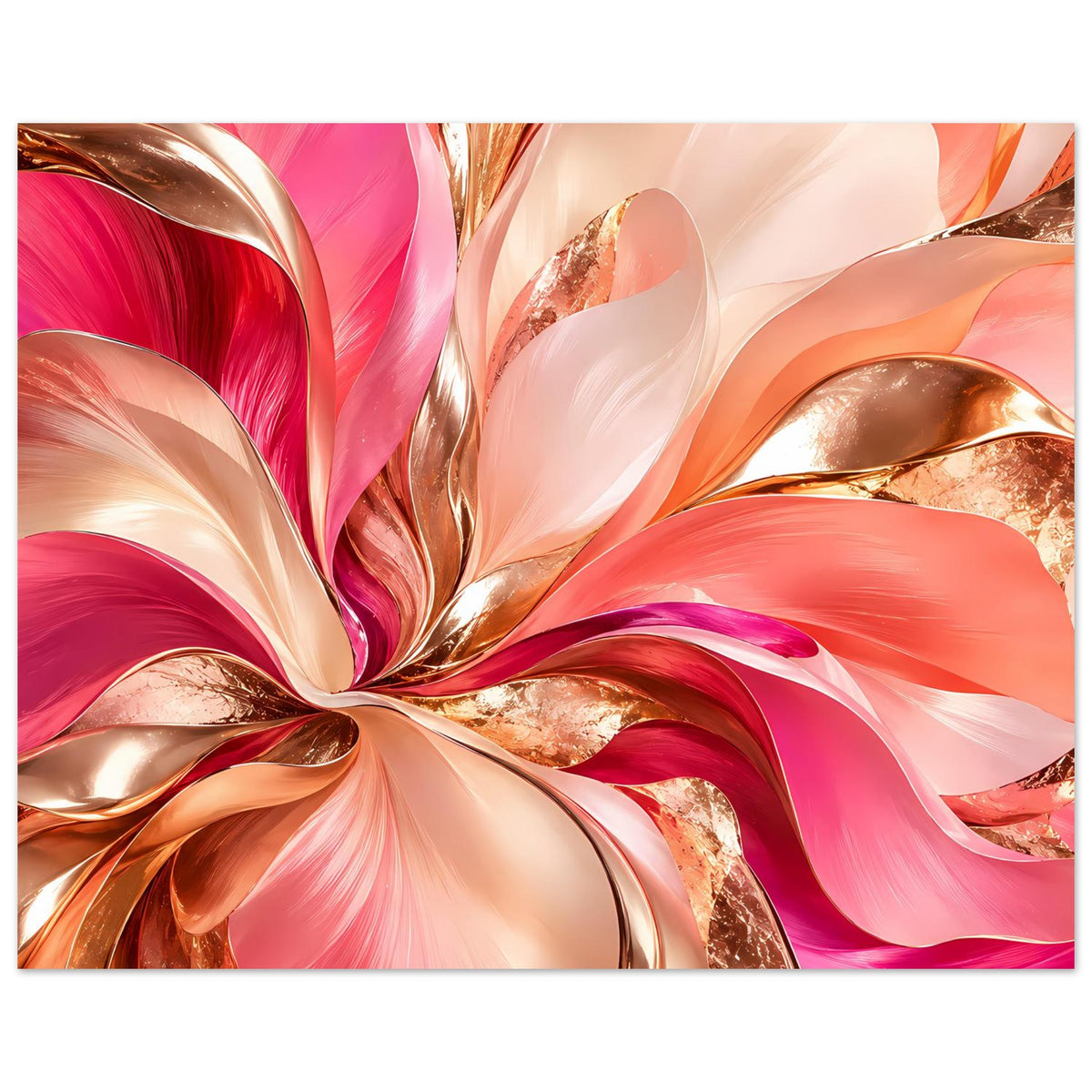 Abstraktes Blumenposter (querformat): rosa Blätter und goldene Wirbel, viel Gesamtfläche