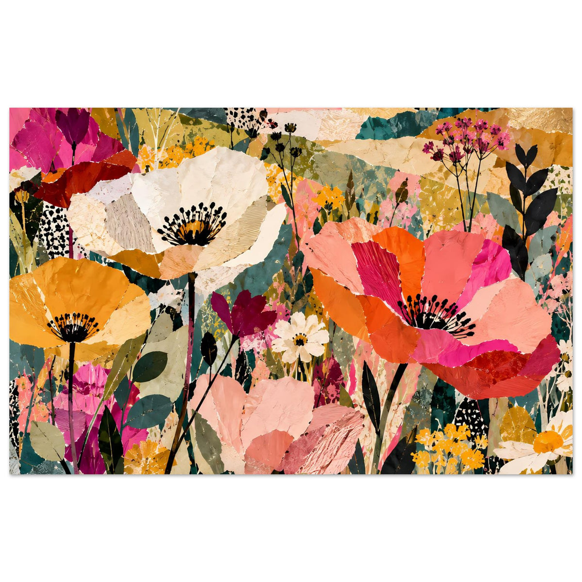 Buntes Querformat-Poster mit floraler Collage aus abstrakten Blumen und Blättern