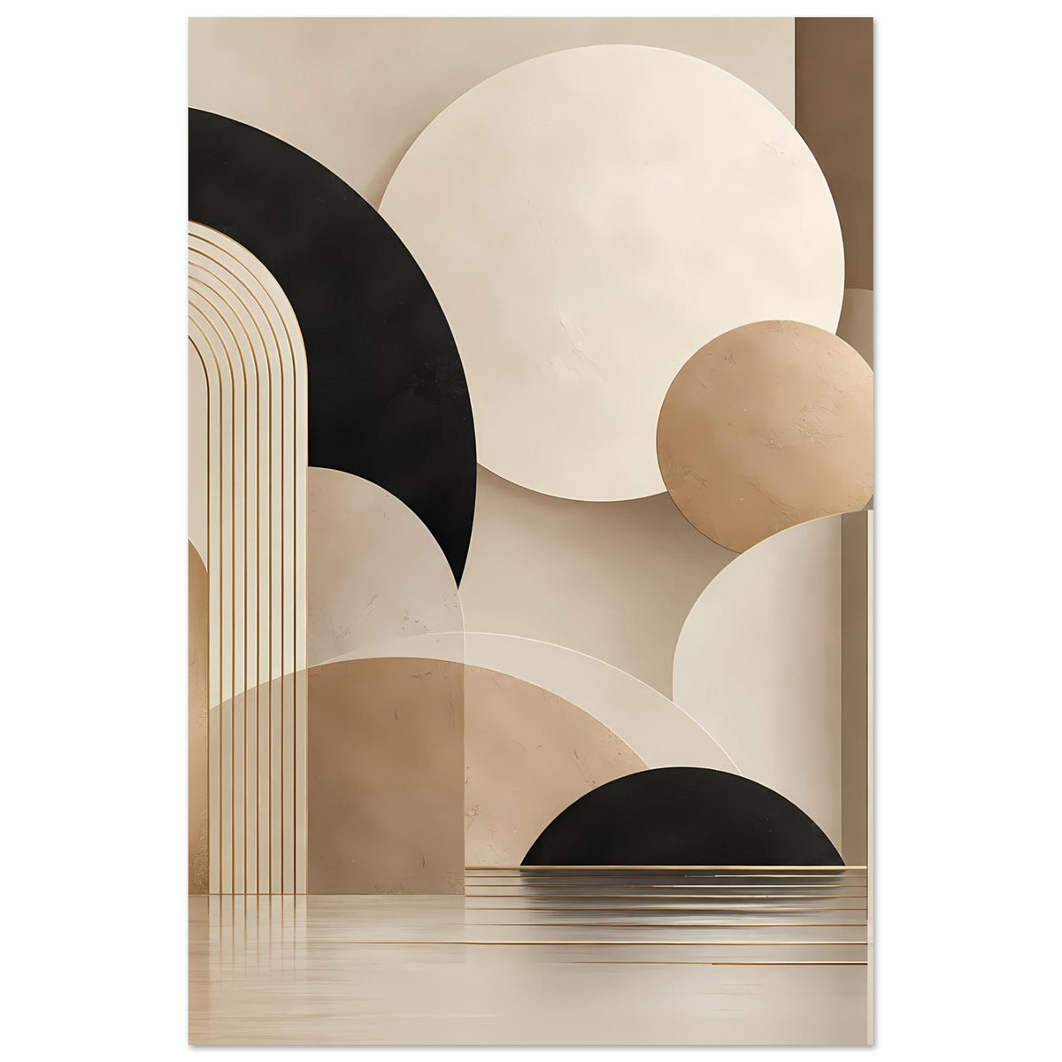 Abstraktes geometrisches Poster: große Kreise, goldene Linien, beige sowie dunkle Akzentflächen