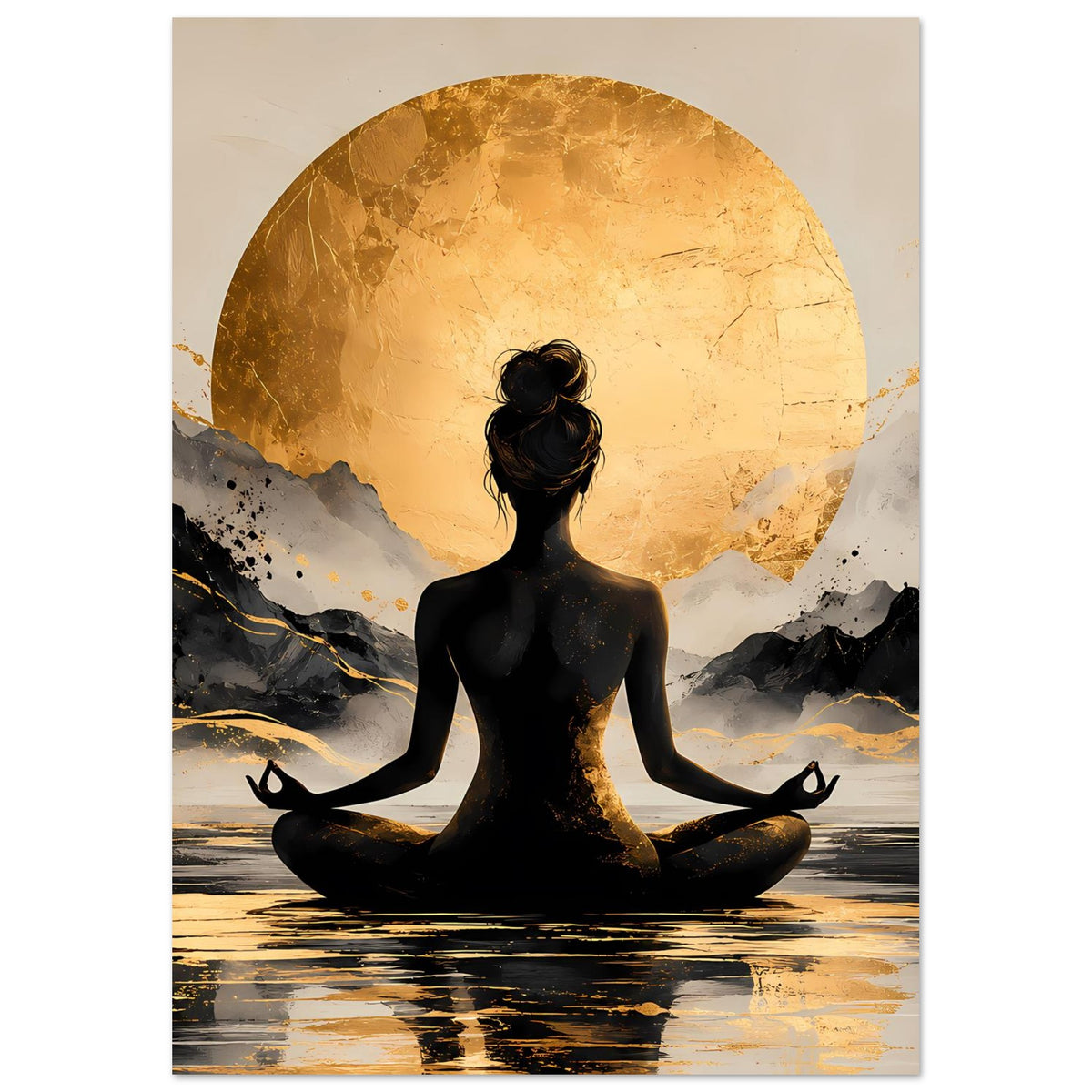 Poster mit sitzender Meditationssilhouette vor großer goldener Sonne