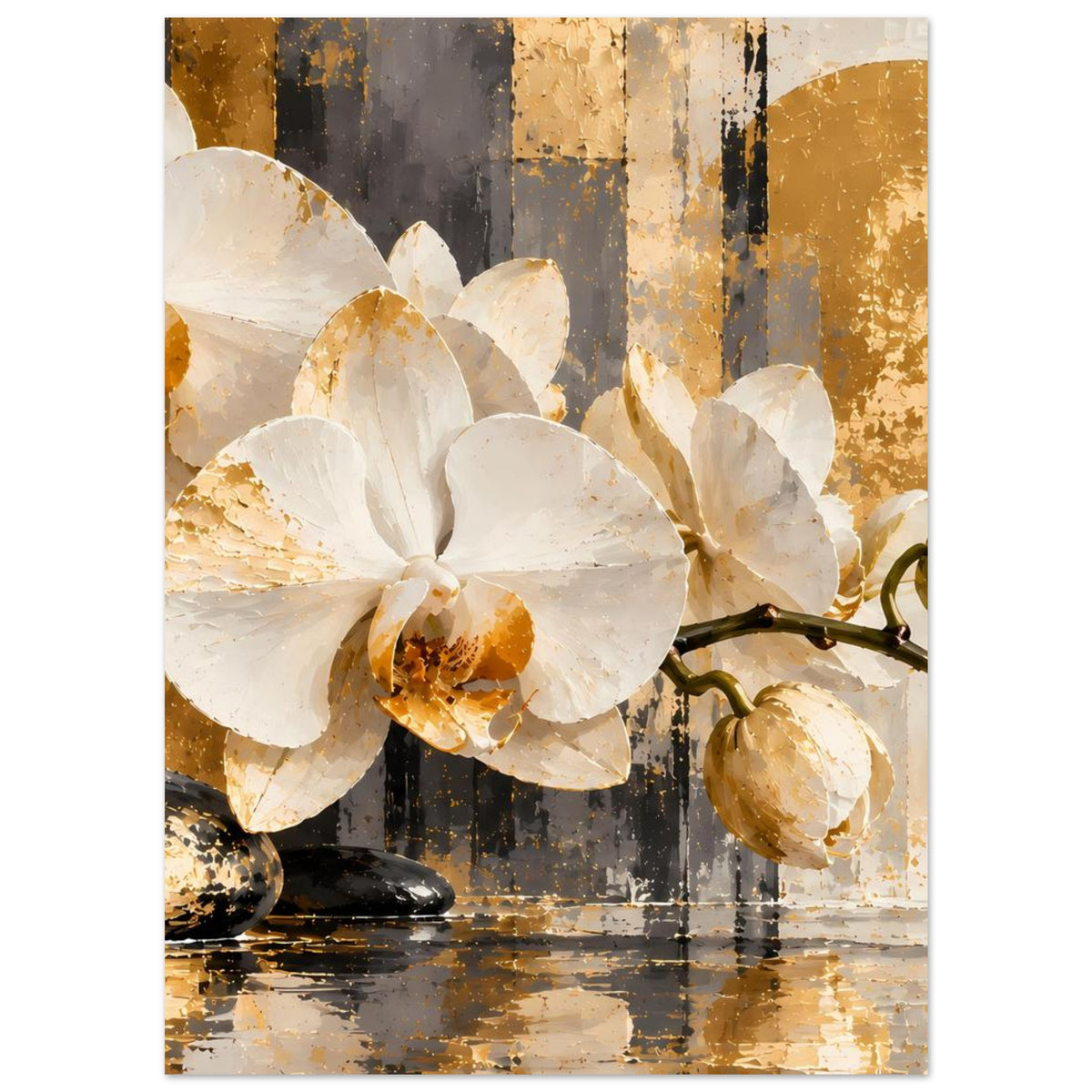 Orchideen-Poster mit weißen Blüten, goldfarbenen Akzenten und dekorativem Steinmotiv