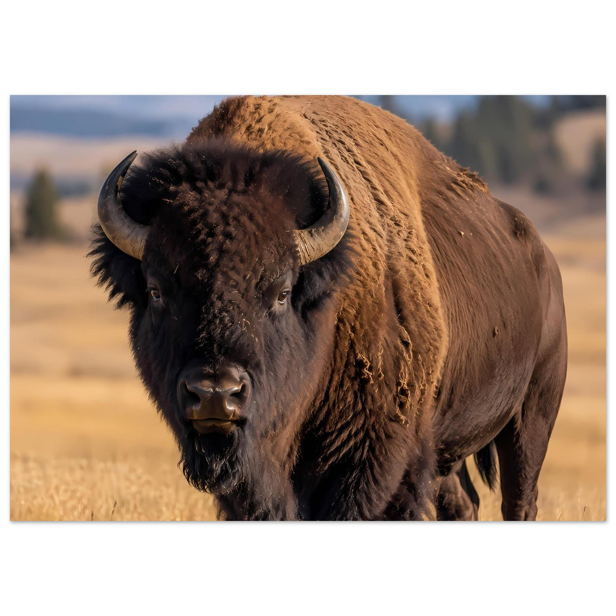 Bison-Wildlife-Poster mit Büffel von vorn, braun-schwarzes Fell und große Hörner