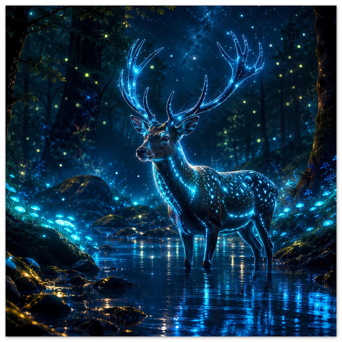 Poster mit leuchtendem Hirsch, blau glühendes Geweih, Spiegelung im Wasser