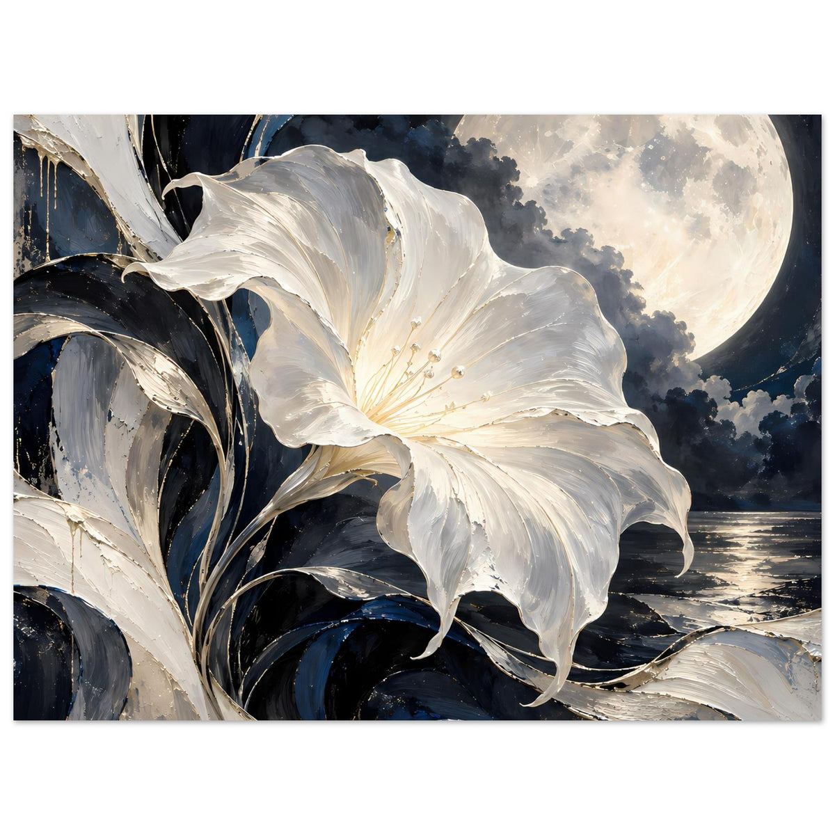 Blumenposter: weiße Blüte mit goldener Mitte, dunkle Blätter und Mond über Wasser