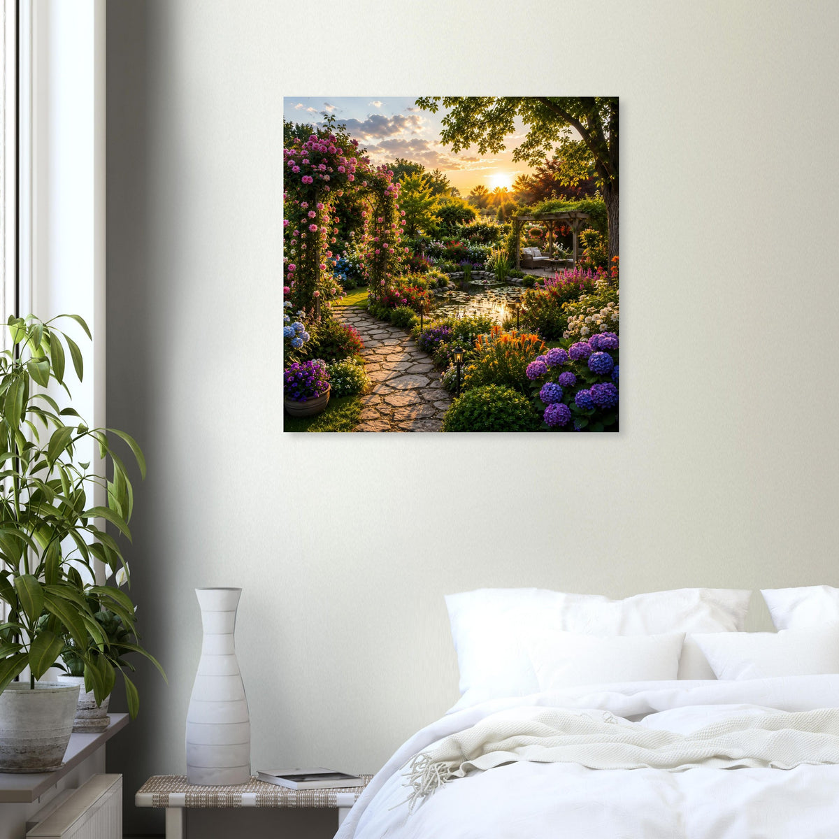 Quadratisches Landschafts-Poster mit Blumenallee und untergehender Sonne