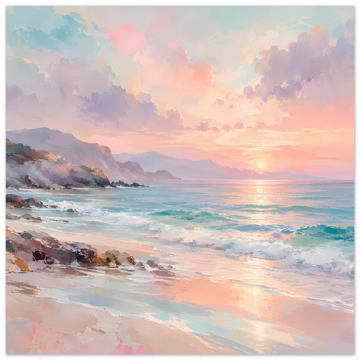 Poster mit breiter Küste, Wellen und Sonne am Horizont, Pastell-Colorierung