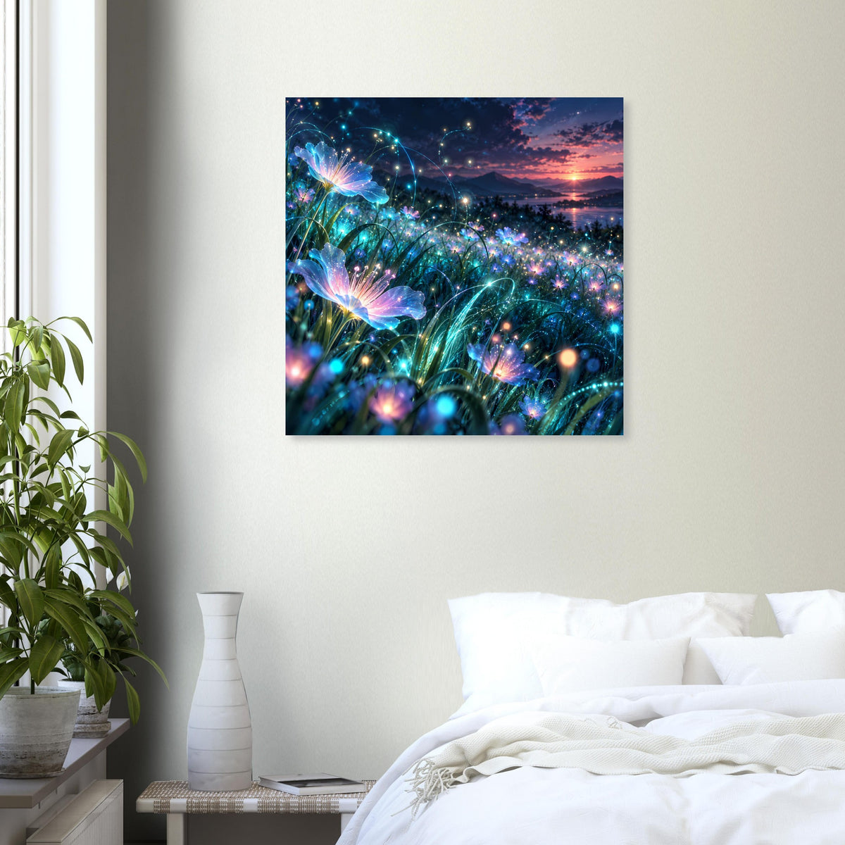 Quadratisches Blumen-Glow-Poster an heller Wand, türkis und magenta leuchtend