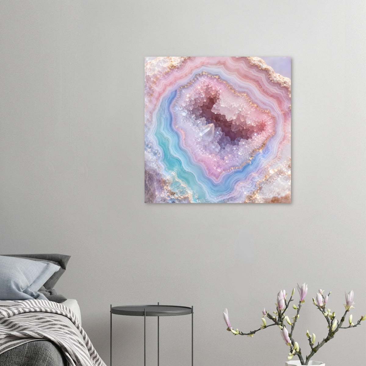 Quadratisches Wandposter mit türkis, pink und lila Achatmuster mit körniger Textur