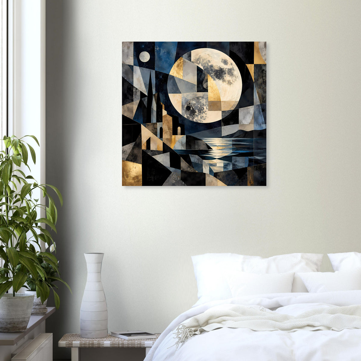 Geometrisches Wandposter mit Mond und geometrischen Formen in Blau, Grau, Gold
