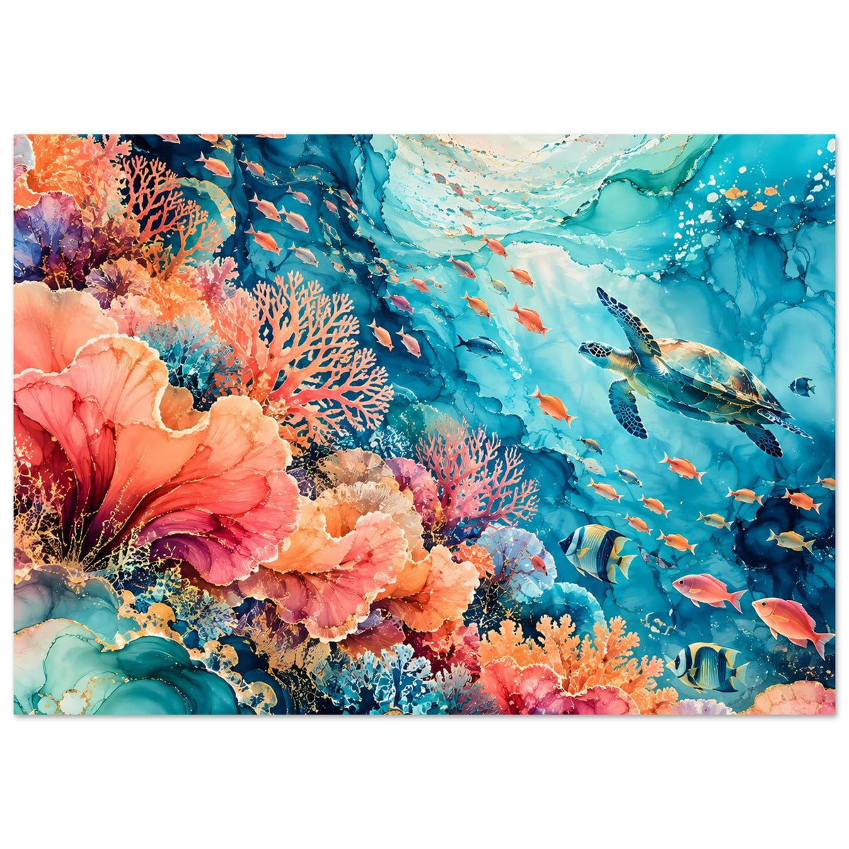 Unterwasser-Poster horizontal mit Korallenriff, vielen Fischen und klaren Farbstufen