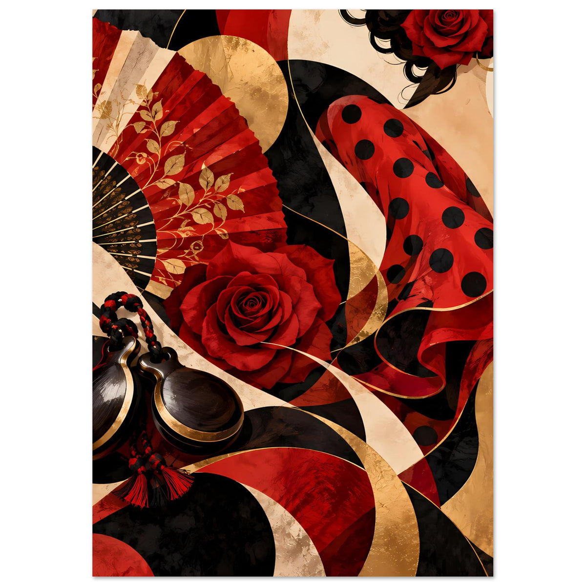 Flamenco-Poster mit roter Rose, Fächer und Polka-Dot-Schleppe, hochformat