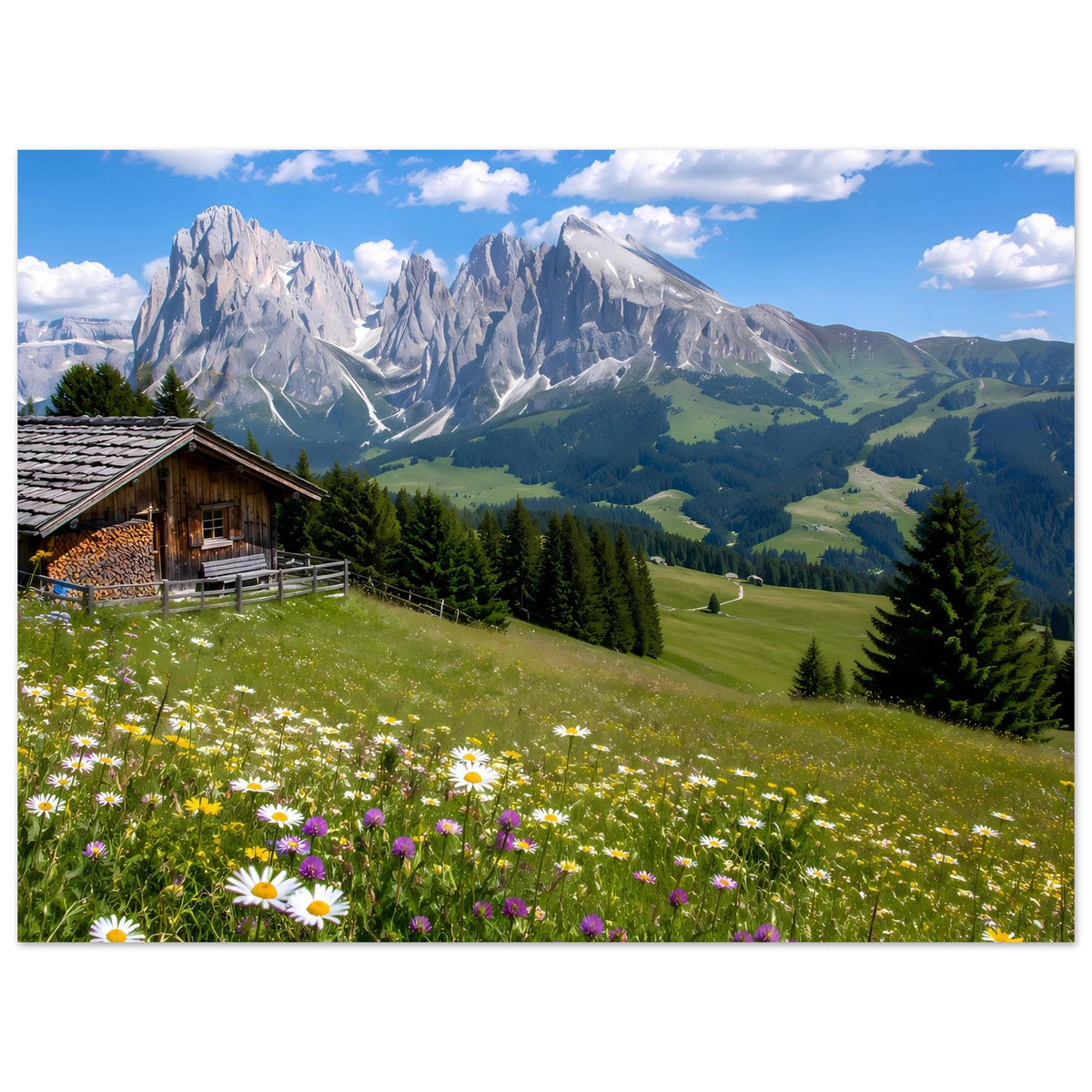 Querformatiges Landschaftsposter mit Alpenbergen, Blumenwiese und Holzhütte