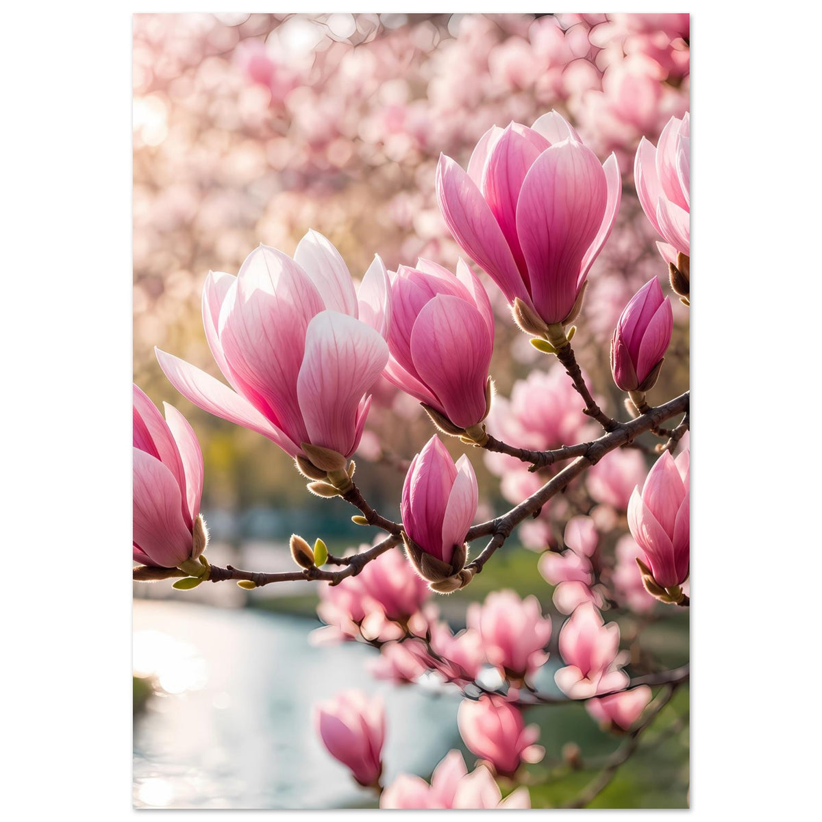 Blühender Magnolienzweig mit rosa und weißen Blüten, Blumenposter