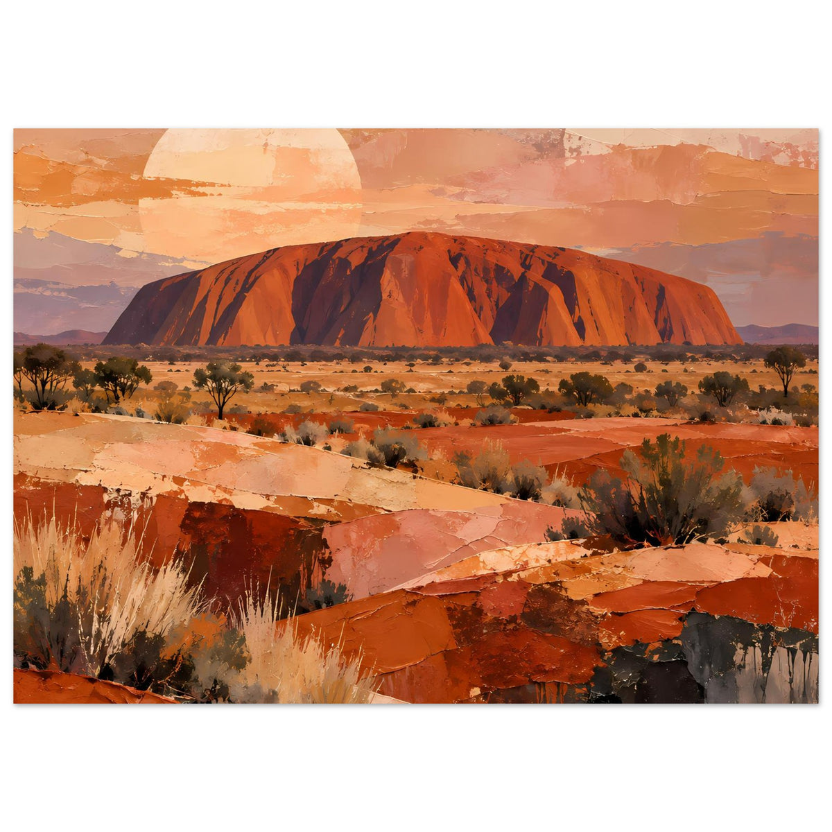 Wandposter im Querformat mit Uluru über Dünen, gemalte Pinseloptik in warmen Tönen.