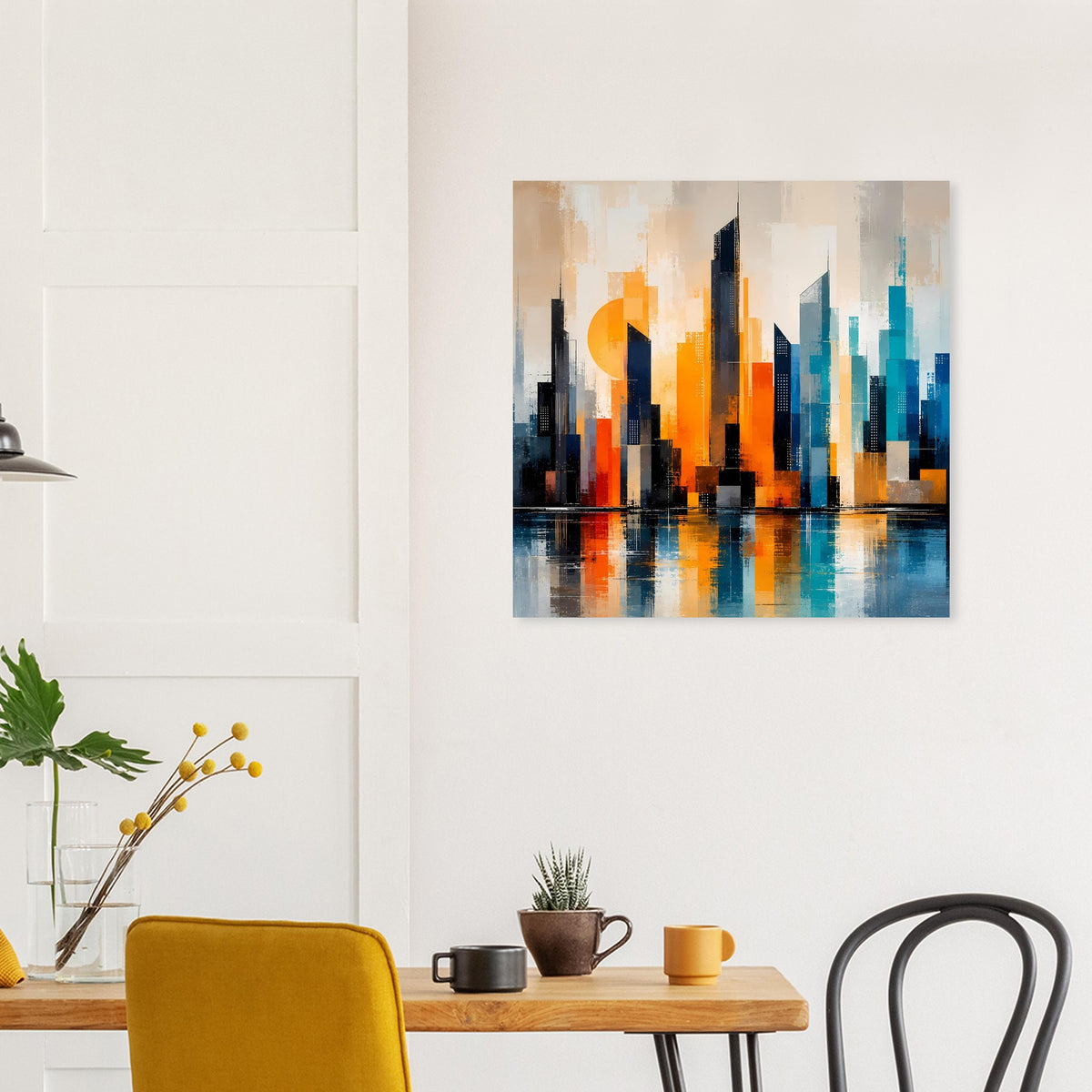 Poster mit abstrakter Skyline: Orange, Türkis und Blau, stilisierte Hochhäuser und Reflexion.
