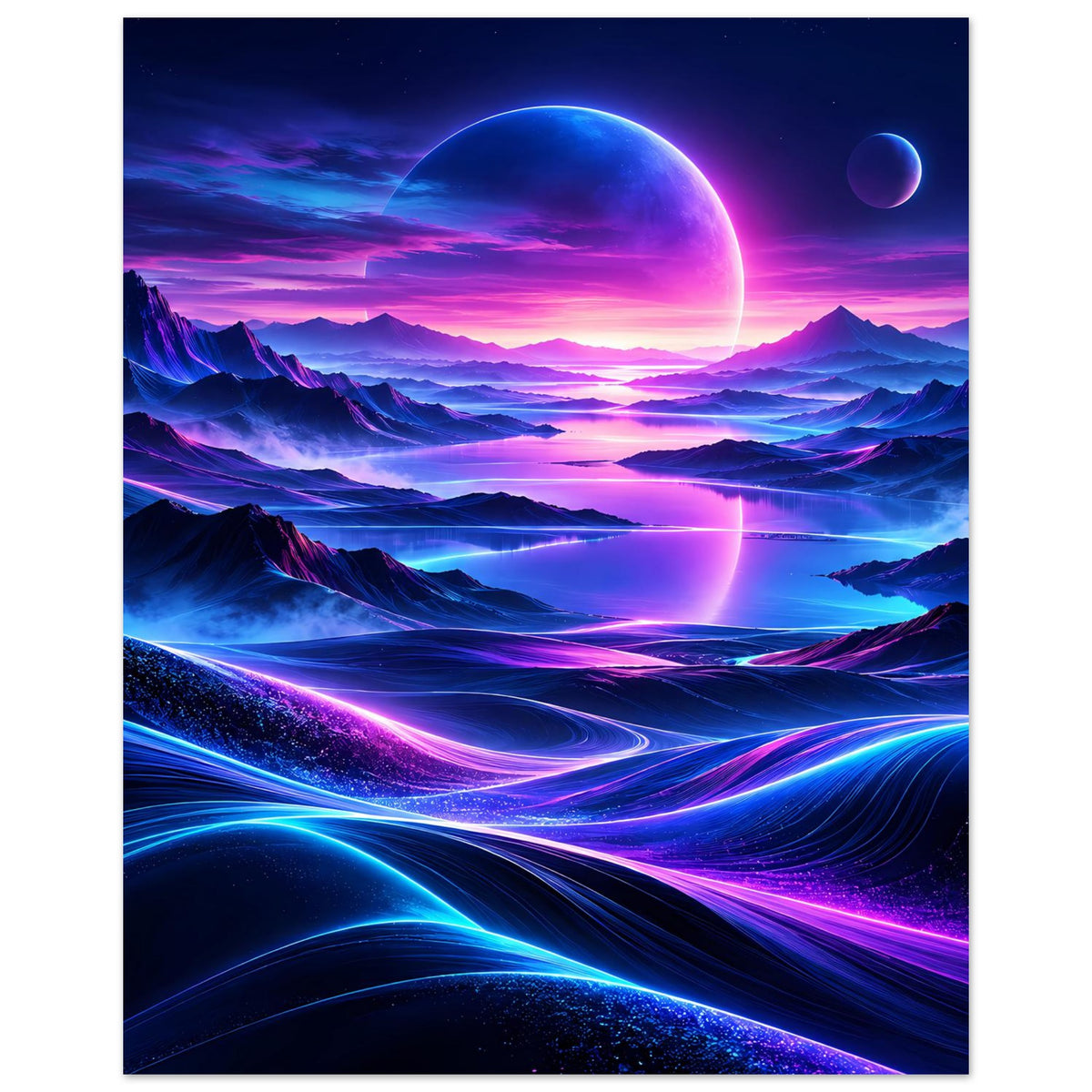 Neon-Weltraum-Poster: klarer Planet, kleiner Mond und farbige Lichtbahnen über den Bergen
