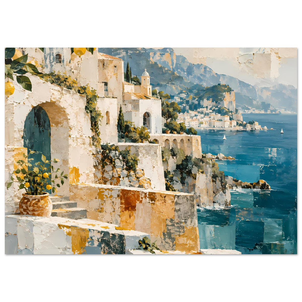 Kunstposter mediterrane Küstenansicht mit Geländer, Pflanzen und türkisblauem Wasser