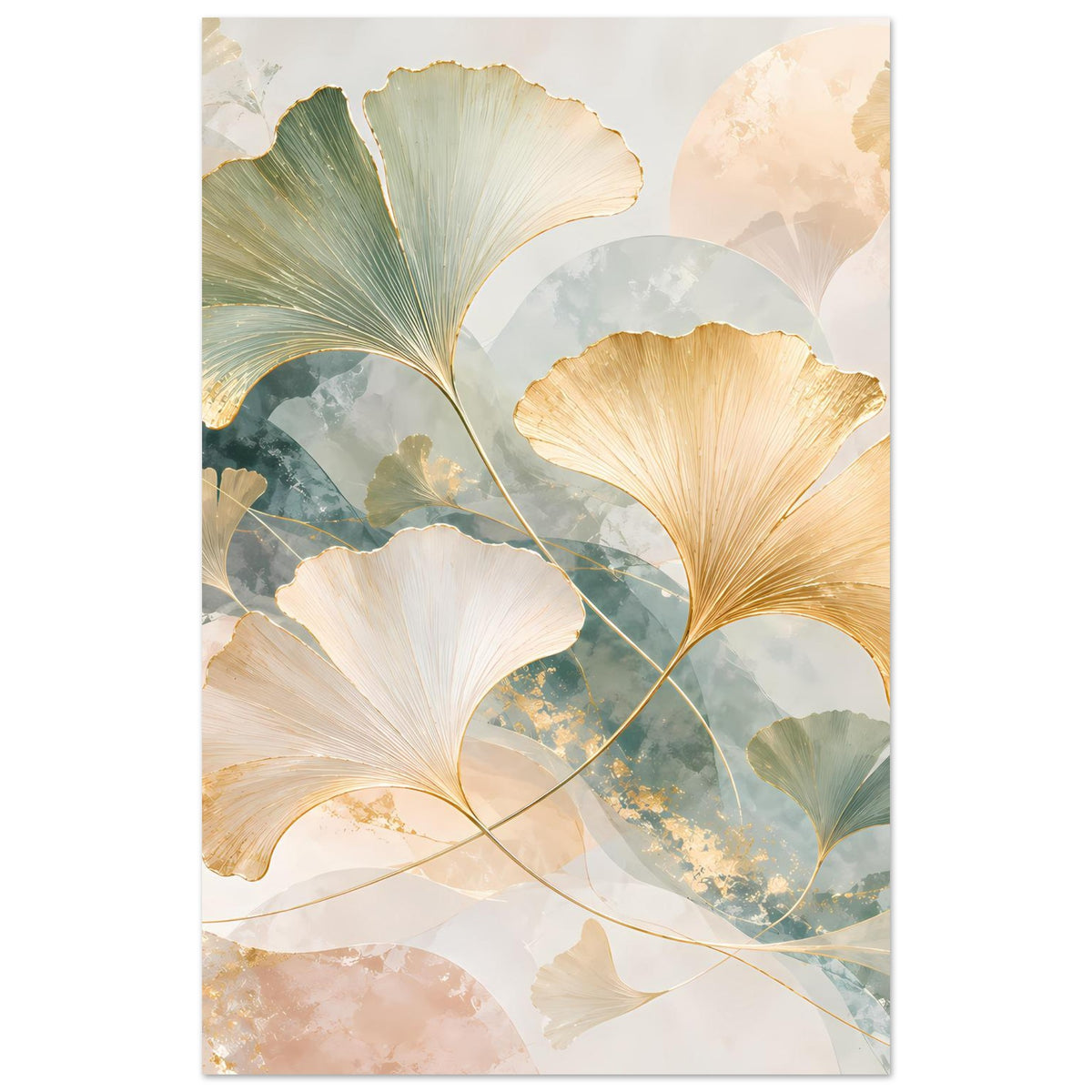Hochformatiges Poster mit Ginkgo-Blättern in Gold, Grün und Creme