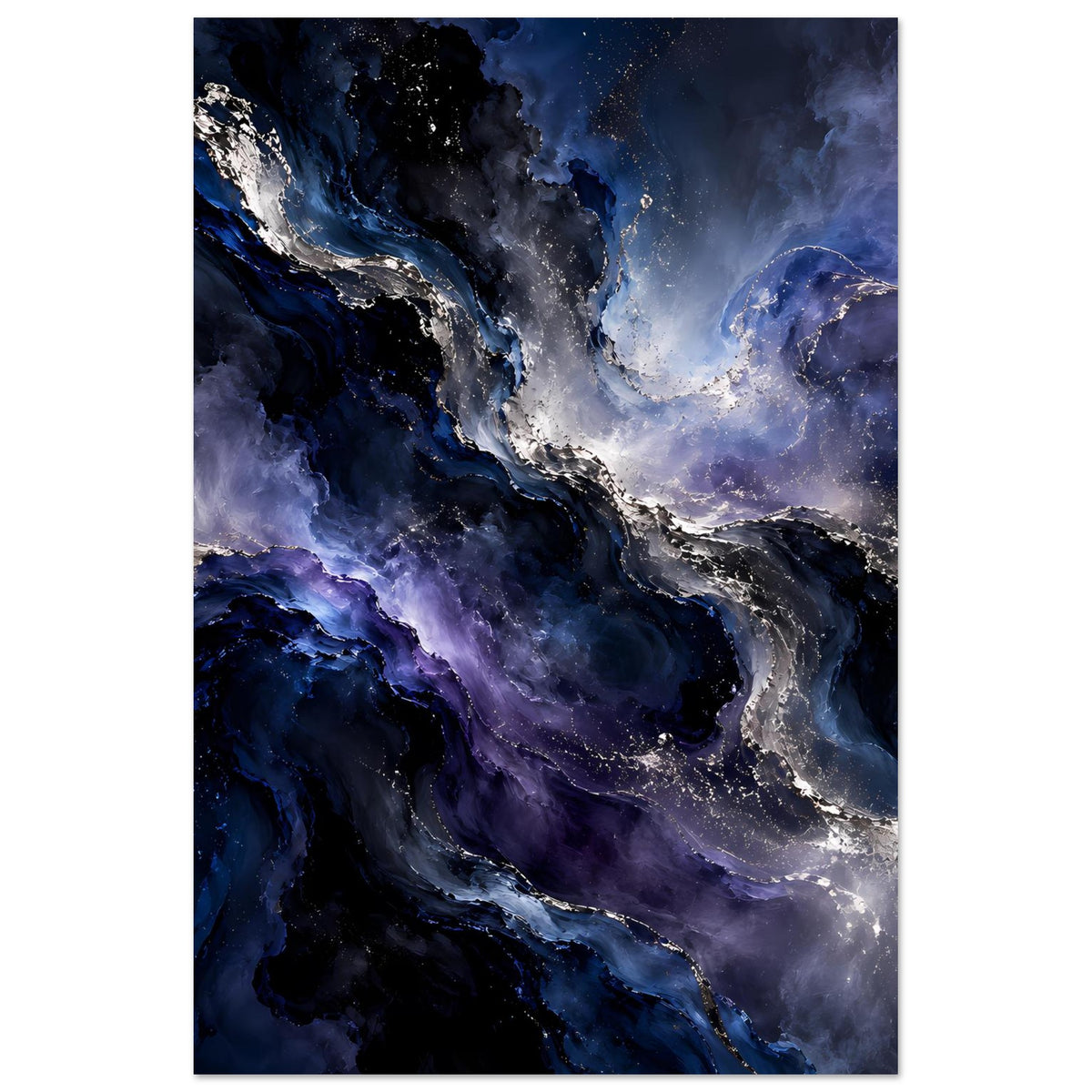 Weltraum-Poster im Hochformat mit dunklen Blautönen und silbernen Nebelfäden