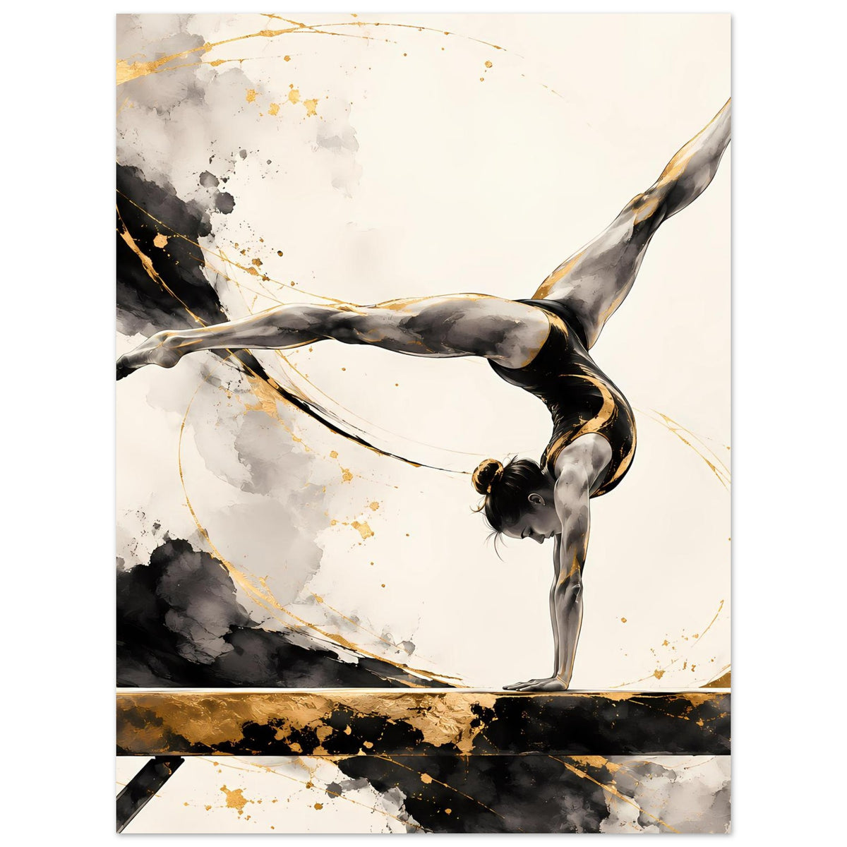 Gymnastikposter mit Turnerin im Handstand, schwarz-grau und goldene Akzente