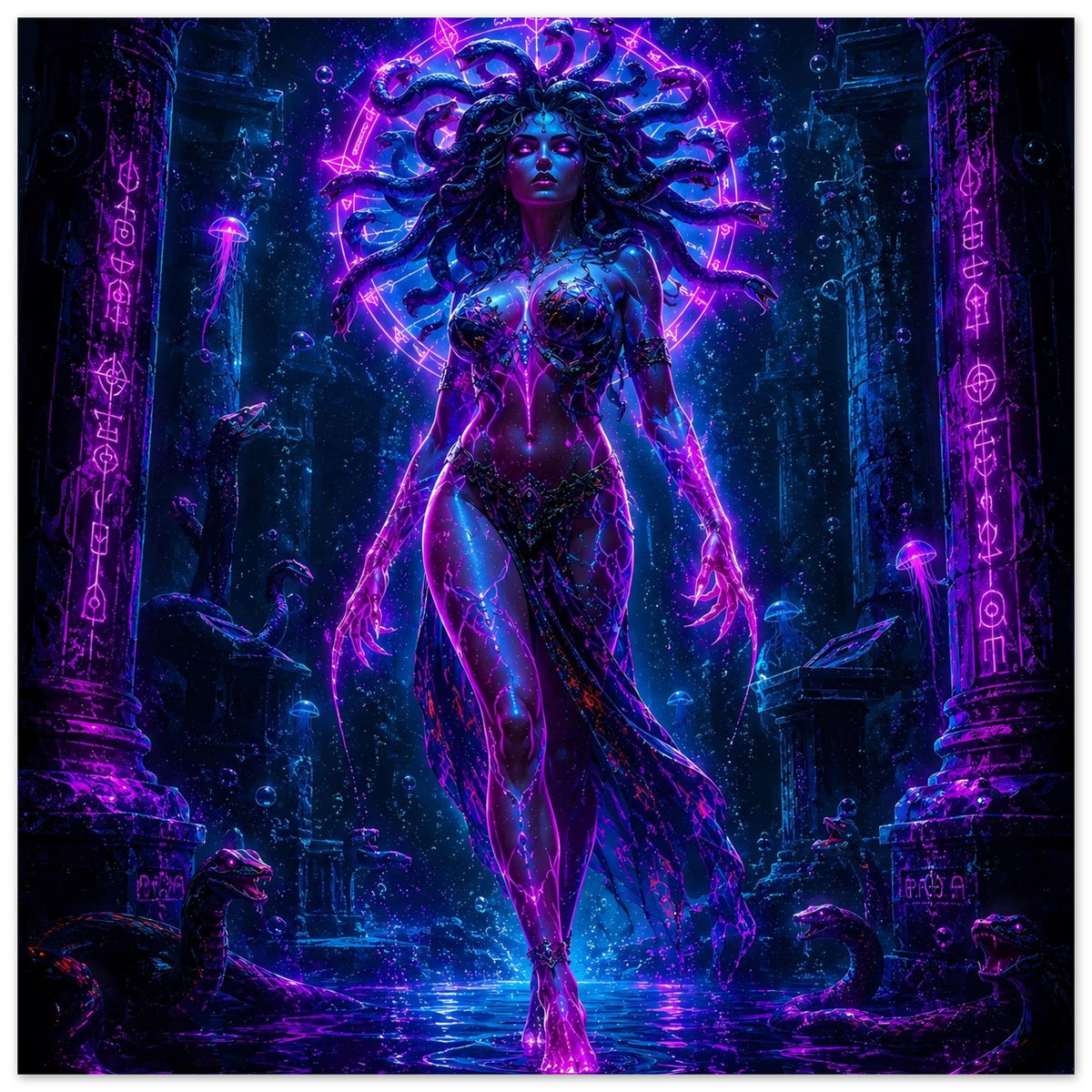Poster mit stehender Medusa in violett-blauem Neon, rundem Lichtkranz und Ornamenten im Tempel