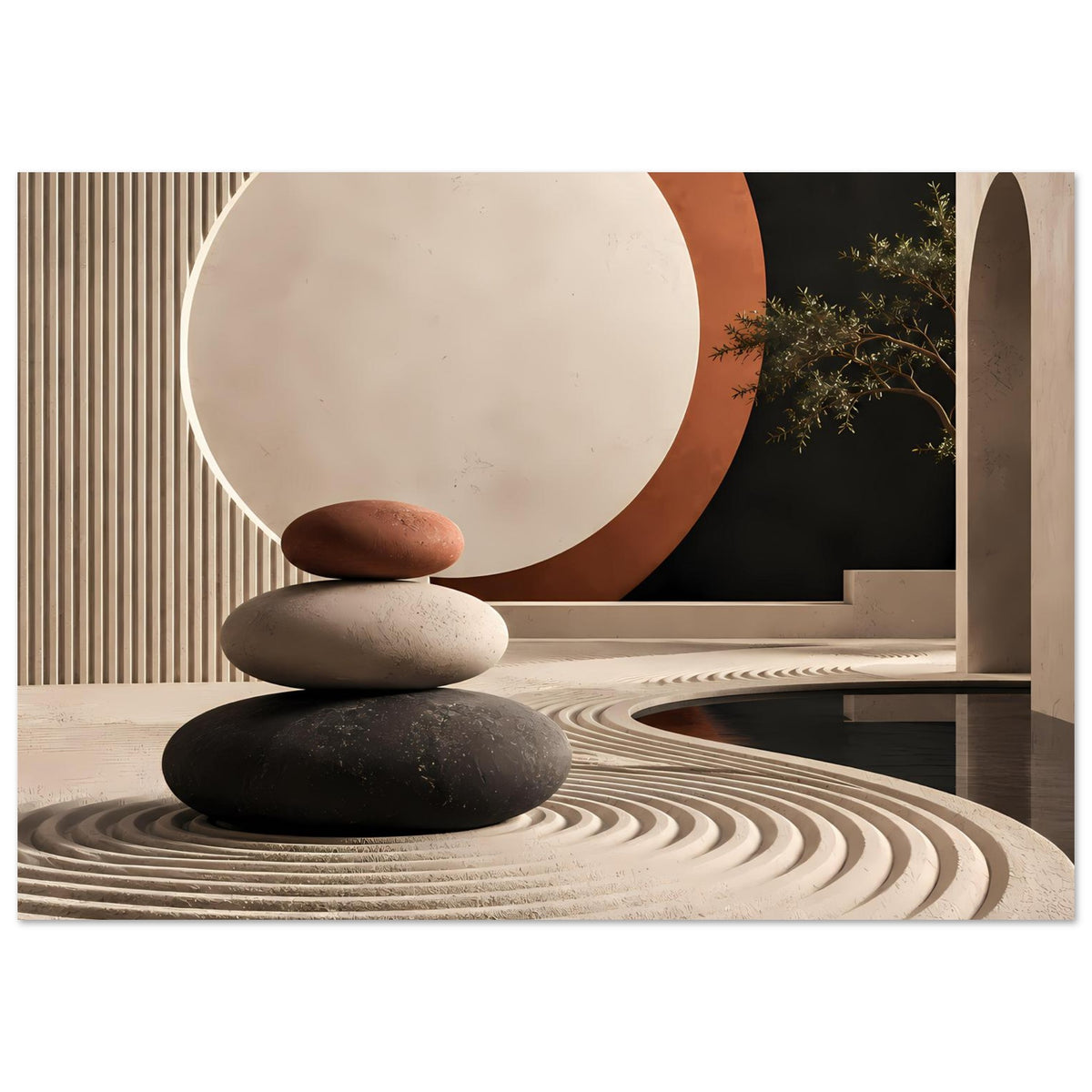 Minimalistisches Kunstposter mit Zen-Szene: runder Kreis in Creme & Terrakotta, Steinsäule