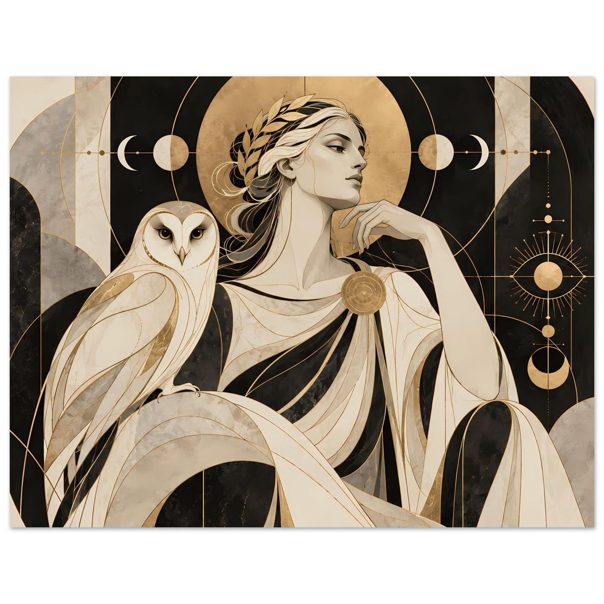 Kunstposter (horizontal): Frau mit Eule und goldene Kreisornamente, beige- und dunkeltonig