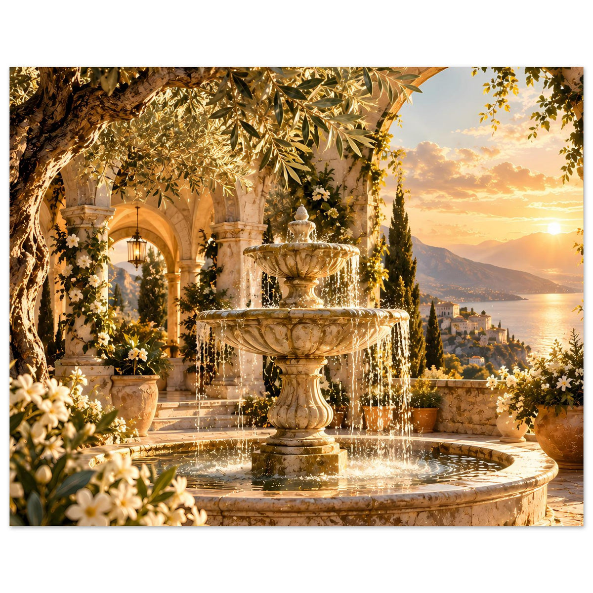 Querformat-Brunnen-Poster im Sonnenuntergang: Springbrunnen mit Wassersäulen, goldene Zweige