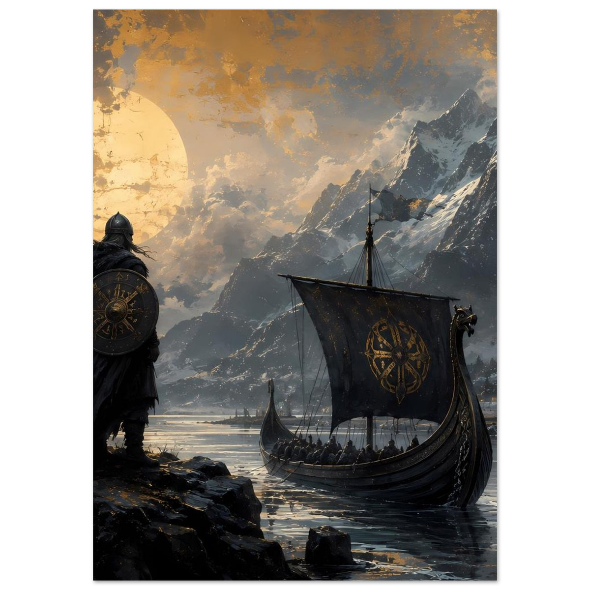 Poster mit Wikingerkrieger und Drachenboot, Fokus auf Boot und Gebirgslandschaft