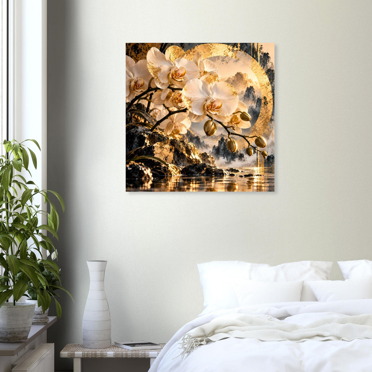 Wandposter mit weißen Orchideenblüten, goldenen Kreisen, Wolken und See im unteren Bereich