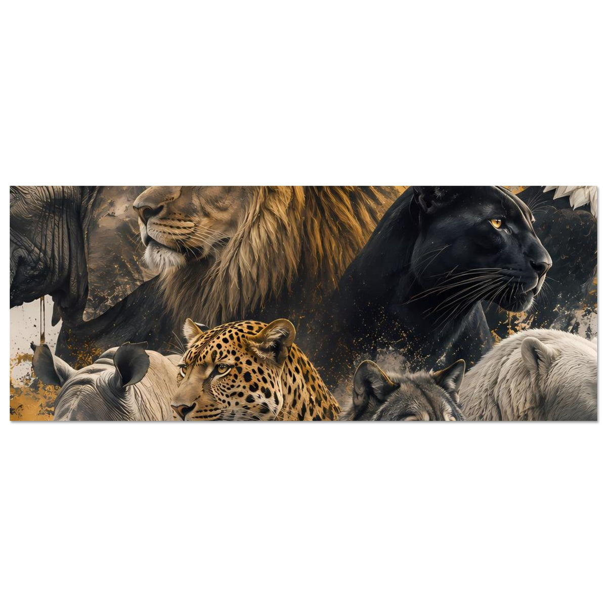Wildtier-Poster (querformat) mit Löwe, Panther, Leopard und Wölfen