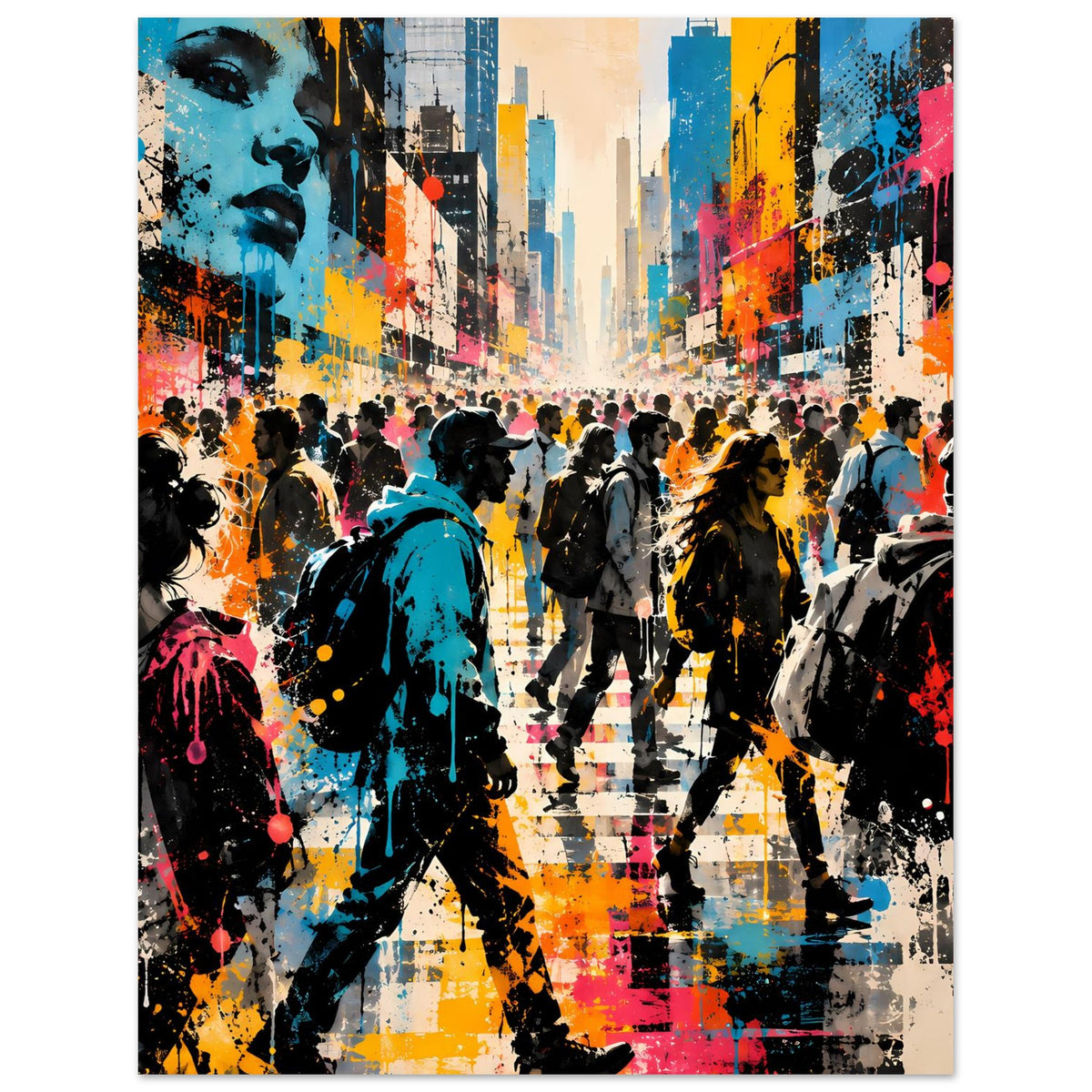 Street-Art-Poster mit Graffiti-Kulisse, Menschenmenge, Silhouetten und farbigen Sprayern