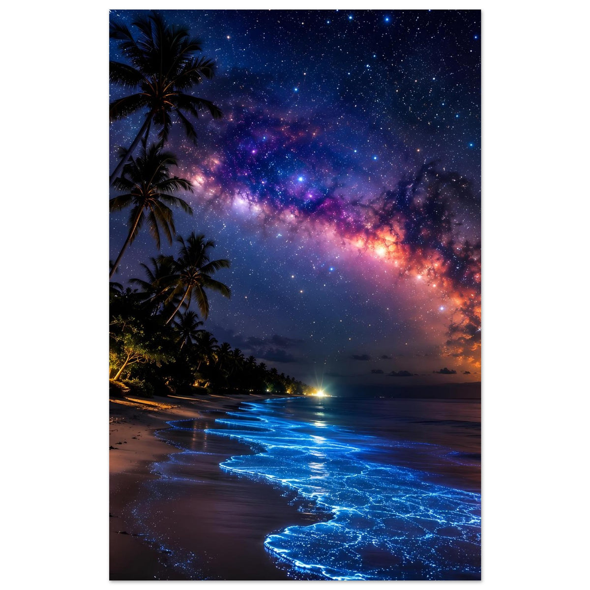 Poster mit Nachtstrand, Palmen links und leuchtenden blauen Wellen unter Sternenhimmel