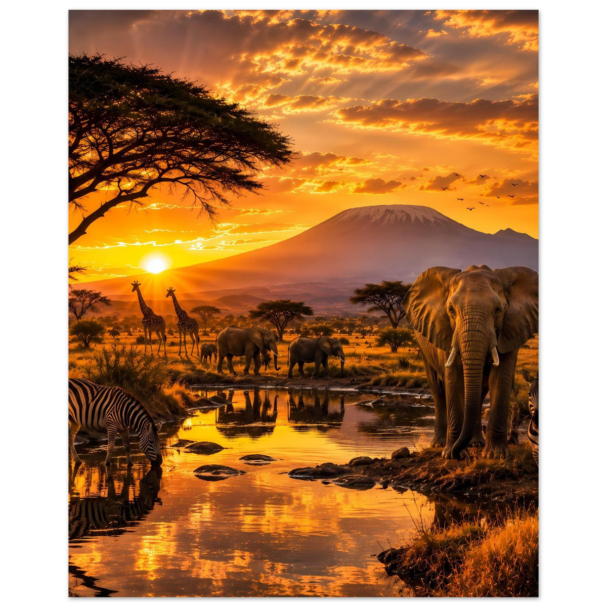 Hochformatiges Poster: Elefant rechts vorn, Zebras im Vordergrund, Giraffen in warmem Licht