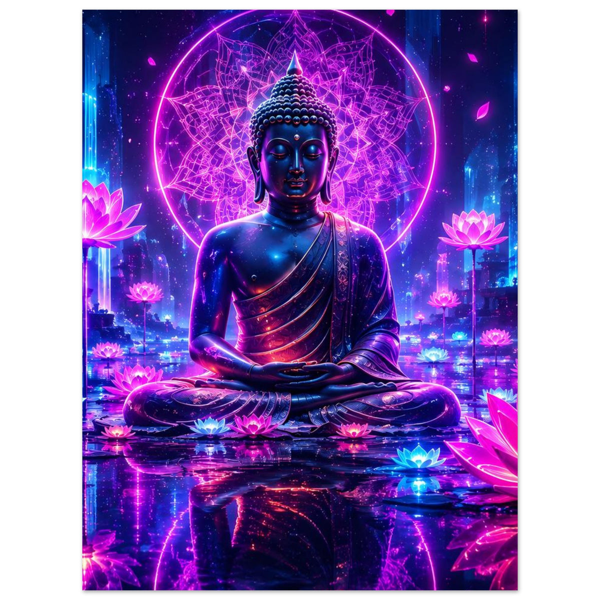 Poster mit sitzendem Buddha, leuchtenden Lotusblüten und neonfarbenem Heiligenschein