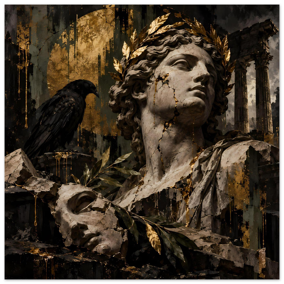 Barockes Poster mit Statue, goldenen Blattornamenten, schwarzem Vogel und Marmorschalen