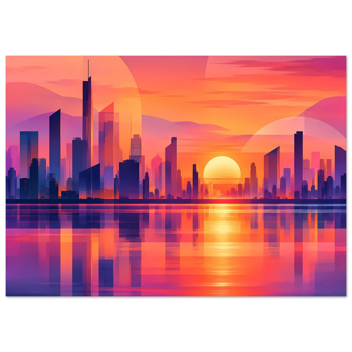 Horizontales Stadtposter mit Skyline-Silhouette, gelber Sonne und Reflexion im Wasser