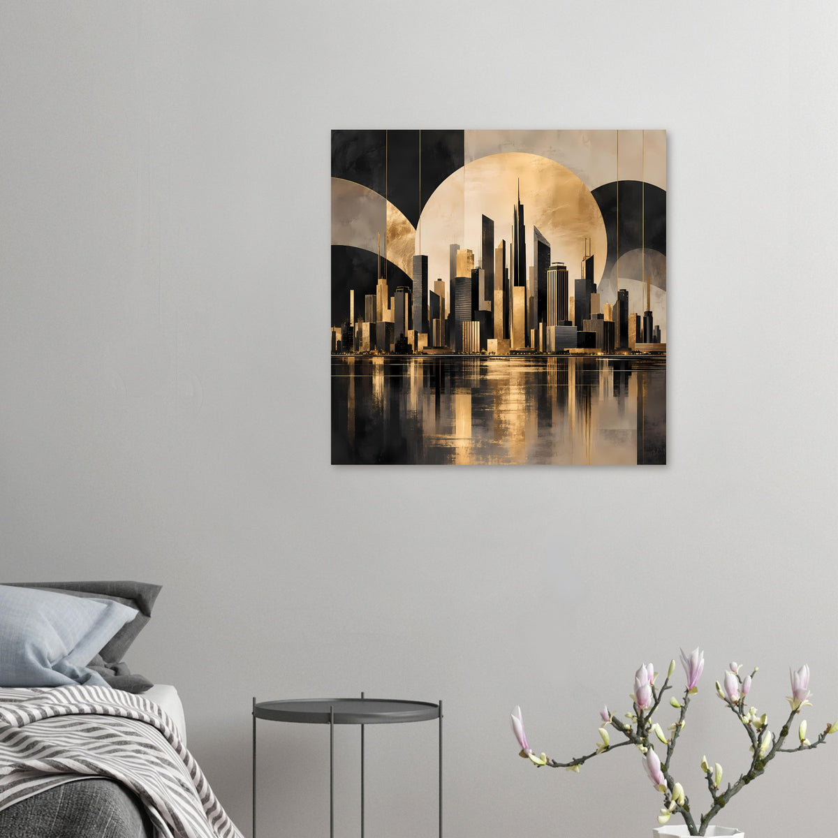 Kleines Stadtposter: gold-schwarze Skyline mit großen Kreisen und spiegelndem Wasser