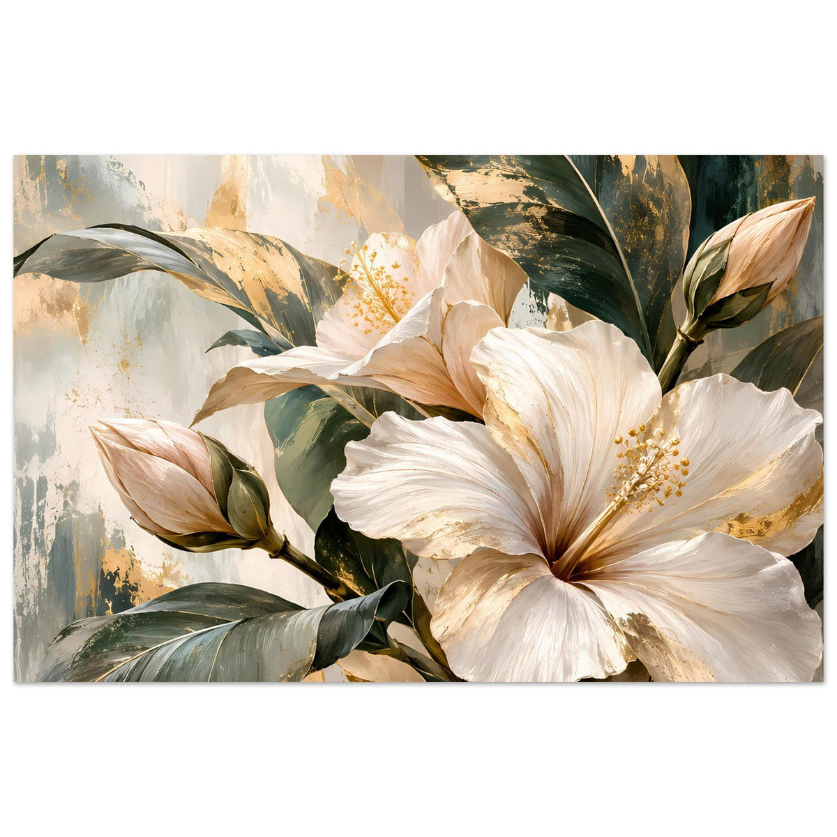Blumenposter im Hochformat mit weißen Blüten, beigen Blättern und goldenen Akzenten