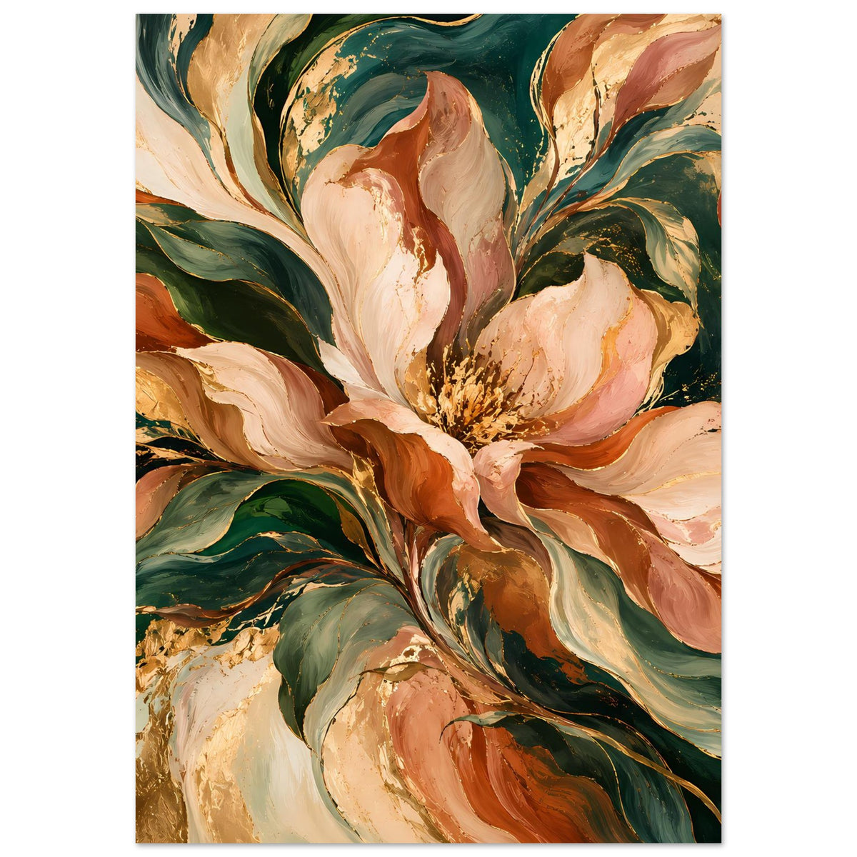 Blumenposter mit Pfingstrosen in warmen Herbsttönen: Creme, Terrakotta und Dunkelgrün