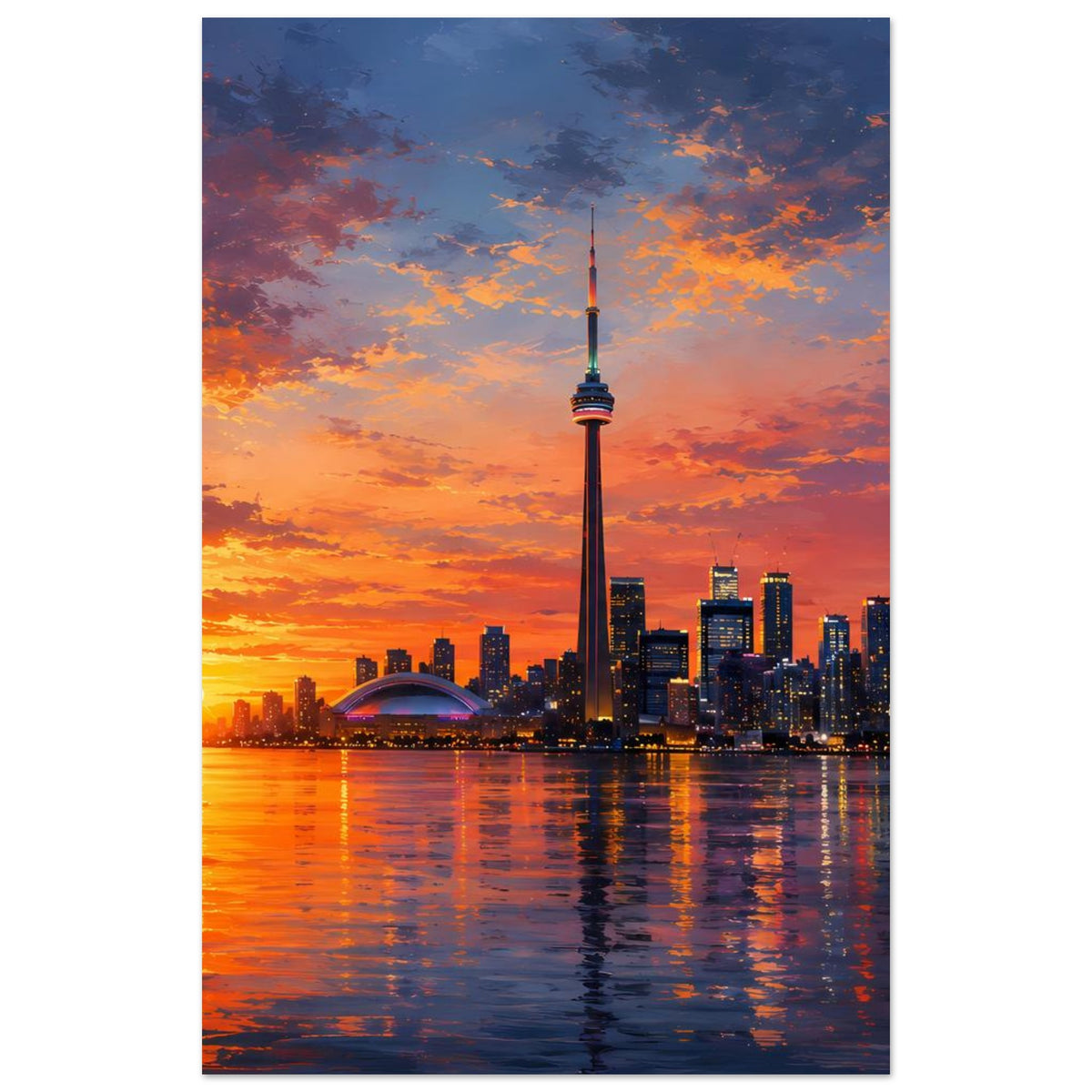 Poster im Hochformat: Skyline mit Fernsehturm in der Mitte, farbiger Himmel über dem Wasser