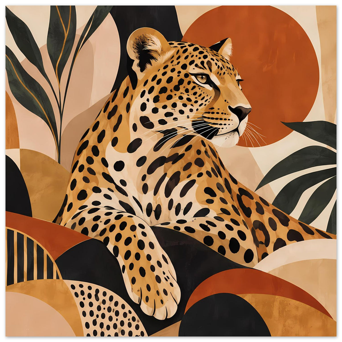 Boho-Tierposter mit Leopardenblick nach rechts, braunem Fell, schwarzen Tupfen und warmen Bögen