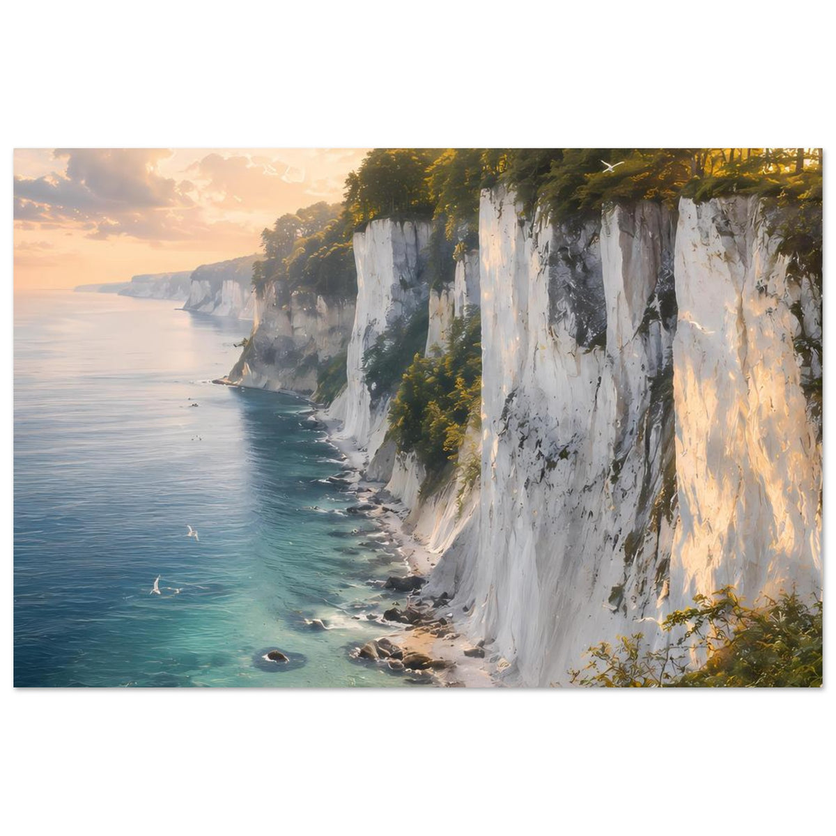 Kunstdruck Poster: hohe Kreidefelsen mit Wasserlinie und üppigem Grün